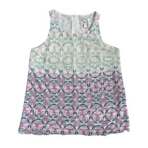 CABI Large Sleeveless Layered Top Style 250 Geometric Print White Pink